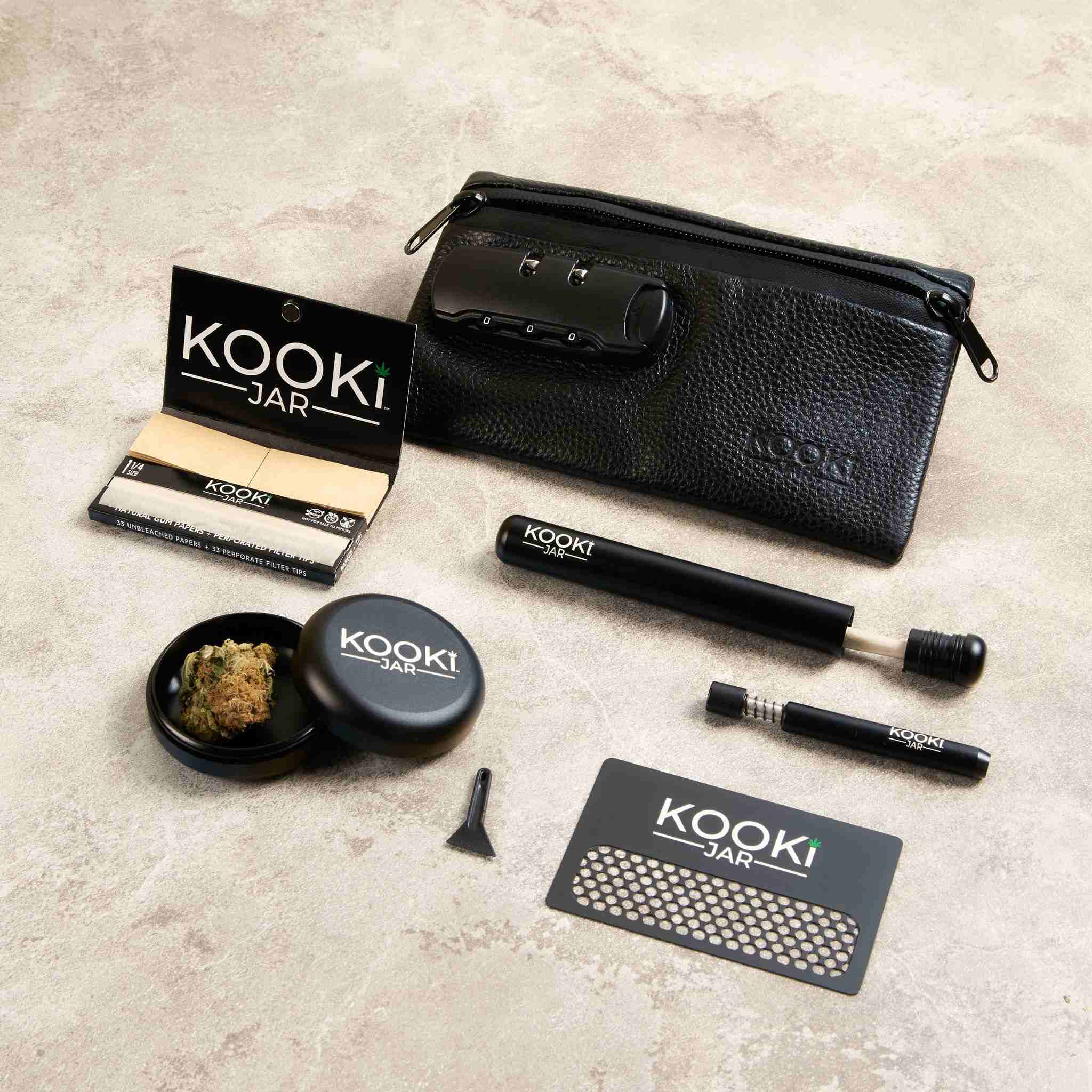 Odour-sealing, lockable leather On-The-Go kit has everything for the cannabis user on-the-move.